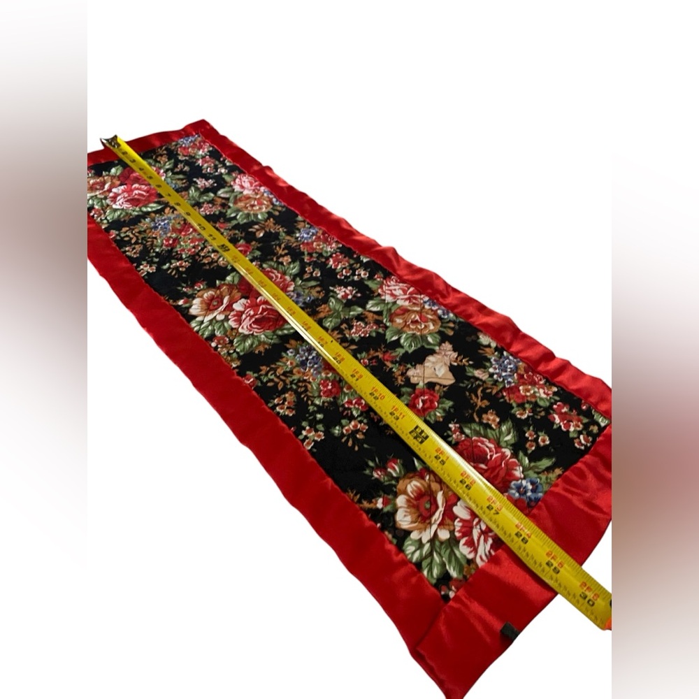 Small vintage handmade 29.5” Floral Table Runner with Red satin Border vanity